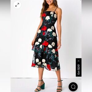 NEW Lulus Forever Lovable Black Floral Embroidered Tiered Midi Dress
